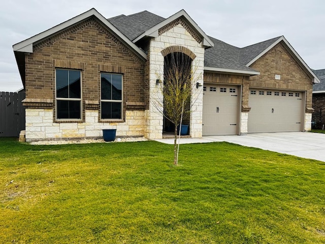 french country inspired facade with stone siding, driveway, an attached garage, and a shingled roof