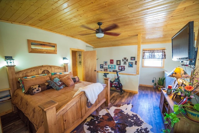 bedroom featuring wood ceiling, vaulted ceiling, ceiling fan, crown molding, and dark hardwood / wood-style floors