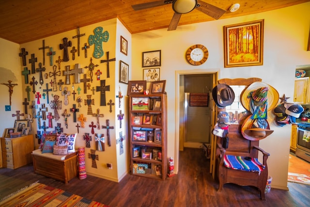 miscellaneous room with hardwood / wood-style floors, vaulted ceiling, ceiling fan, and wood ceiling