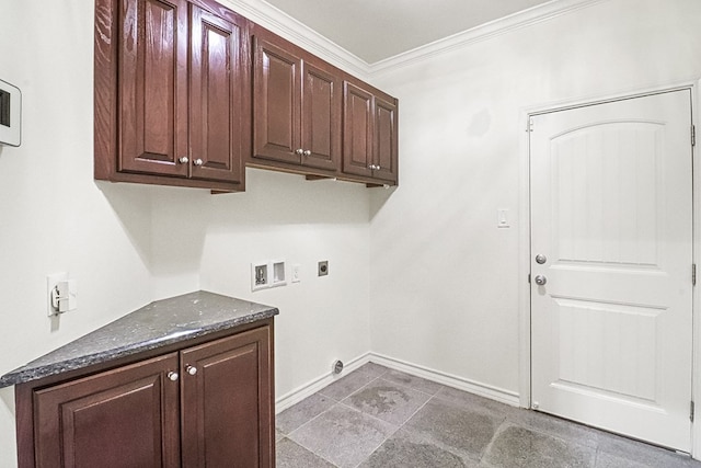 laundry area featuring cabinets, crown molding, hookup for a washing machine, and hookup for an electric dryer