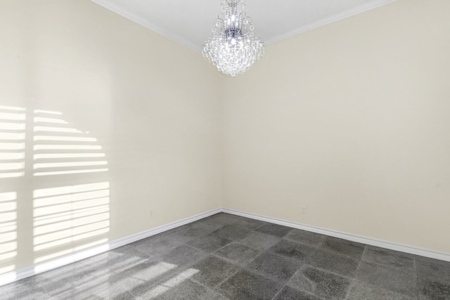 unfurnished room featuring dark colored carpet, a chandelier, and crown molding