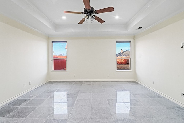 spare room with a raised ceiling, ceiling fan, and plenty of natural light