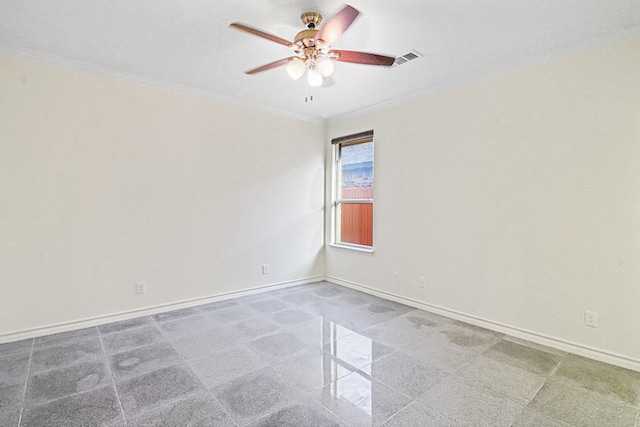 unfurnished room featuring ceiling fan and ornamental molding