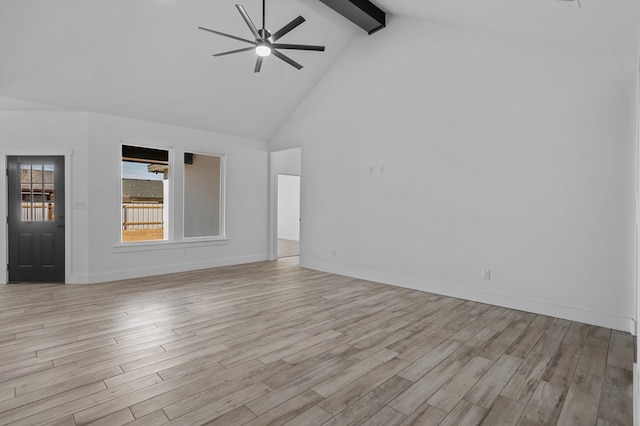 unfurnished living room featuring beamed ceiling, ceiling fan, high vaulted ceiling, and light wood-type flooring