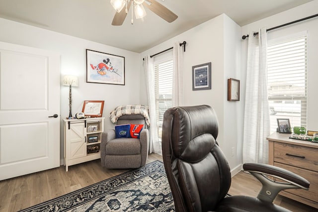 office with wood finished floors, baseboards, and ceiling fan