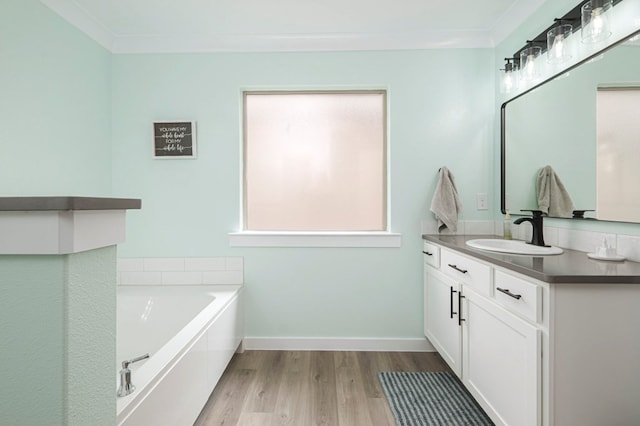 bathroom featuring vanity, a bath, wood finished floors, and baseboards