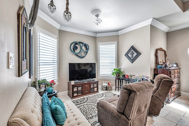 living room featuring baseboards, plenty of natural light, light tile patterned flooring, and crown molding