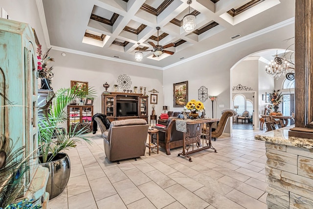 living area with visible vents, coffered ceiling, beam ceiling, a high ceiling, and arched walkways