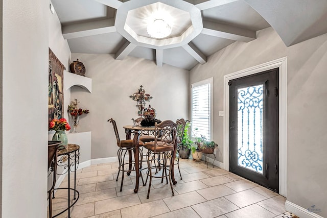 dining space featuring tile patterned flooring, beam ceiling, and baseboards