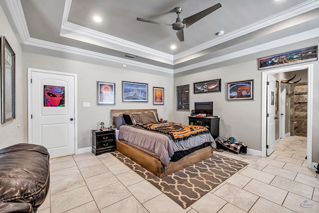 bedroom with visible vents, baseboards, ornamental molding, light tile patterned floors, and a raised ceiling