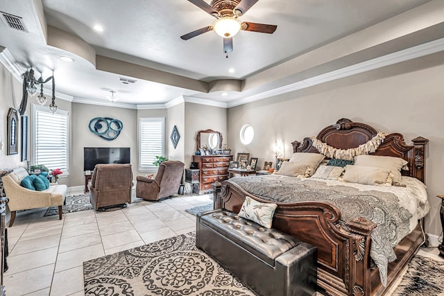 bedroom with visible vents, a raised ceiling, ornamental molding, and light tile patterned flooring