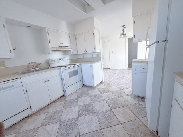 kitchen with light countertops, white cabinets, a sink, white appliances, and under cabinet range hood