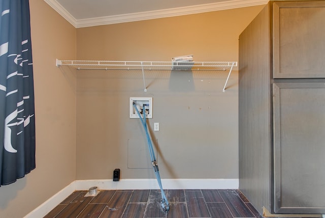 laundry room featuring washer hookup, crown molding, and dark wood-type flooring