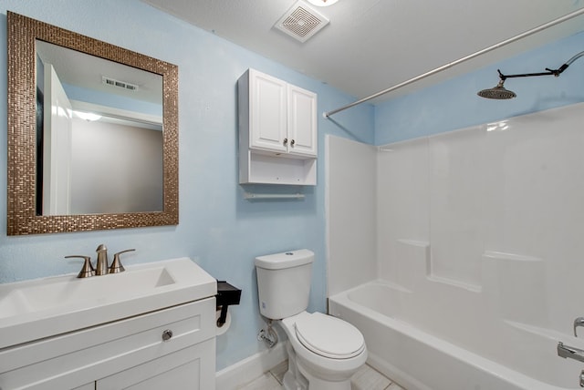 full bathroom with vanity,  shower combination, tile patterned flooring, toilet, and a textured ceiling