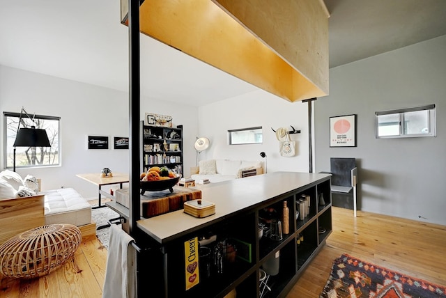 kitchen with light wood finished floors, a kitchen island, open floor plan, dark cabinets, and light countertops