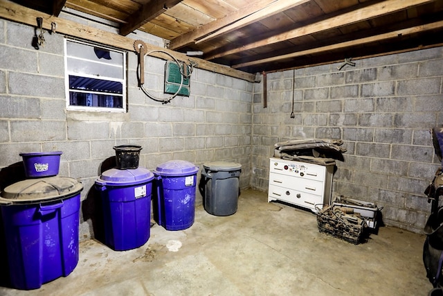 unfinished basement with concrete block wall