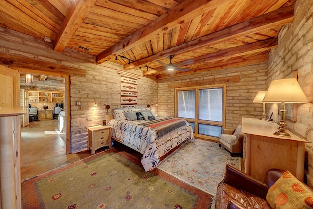 bedroom featuring beamed ceiling, wooden ceiling, and brick wall