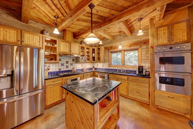 kitchen featuring a center island, hanging light fixtures, decorative backsplash, wood ceiling, and stainless steel appliances