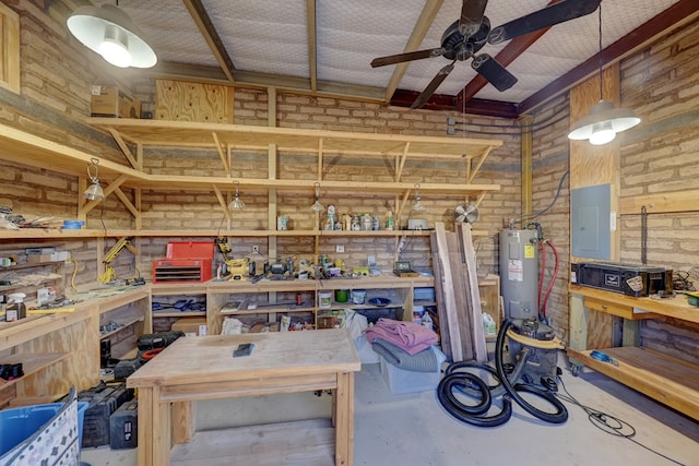 interior space with ceiling fan, electric panel, and water heater