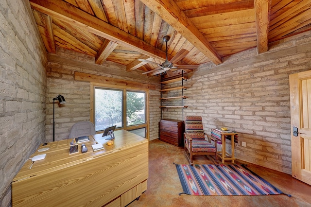 unfurnished office featuring beamed ceiling, ceiling fan, wooden ceiling, and brick wall