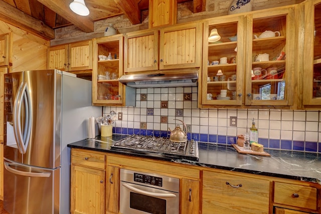 kitchen featuring beamed ceiling, backsplash, and appliances with stainless steel finishes