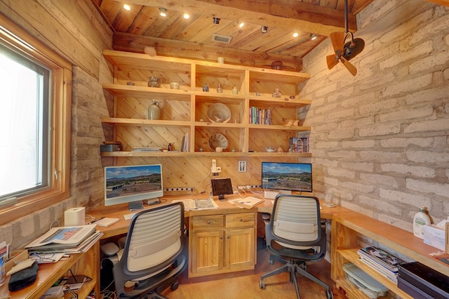 office featuring beam ceiling, a wealth of natural light, and wooden ceiling