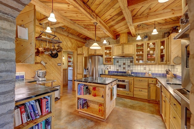 kitchen with wooden walls, beamed ceiling, hanging light fixtures, and appliances with stainless steel finishes