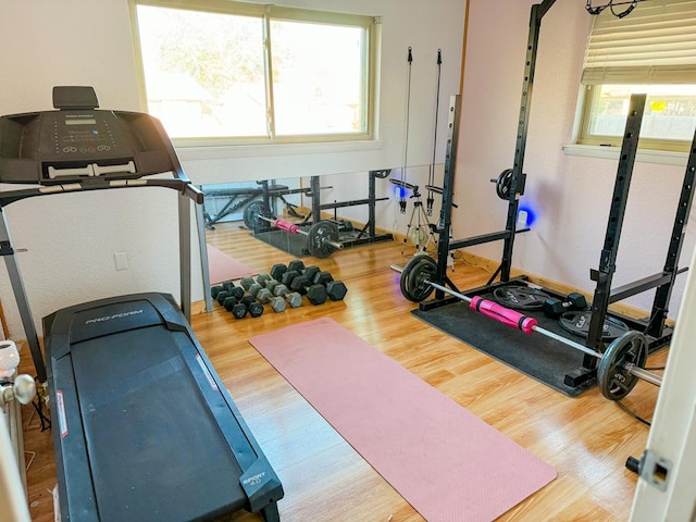 workout area with hardwood / wood-style flooring