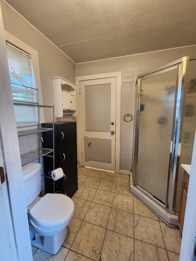 bathroom with vanity, toilet, and a shower with shower door