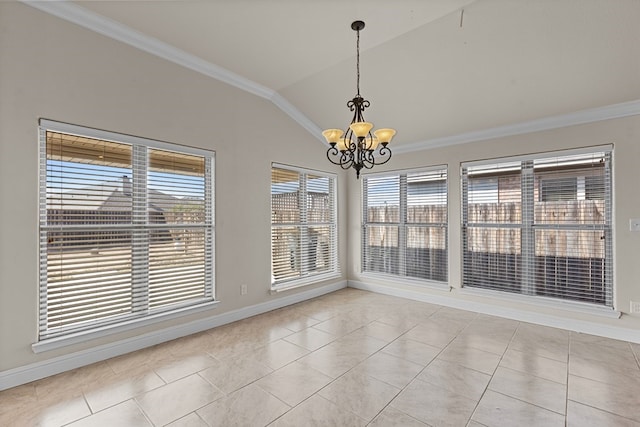 unfurnished dining area featuring lofted ceiling, ornamental molding, light tile patterned floors, and an inviting chandelier