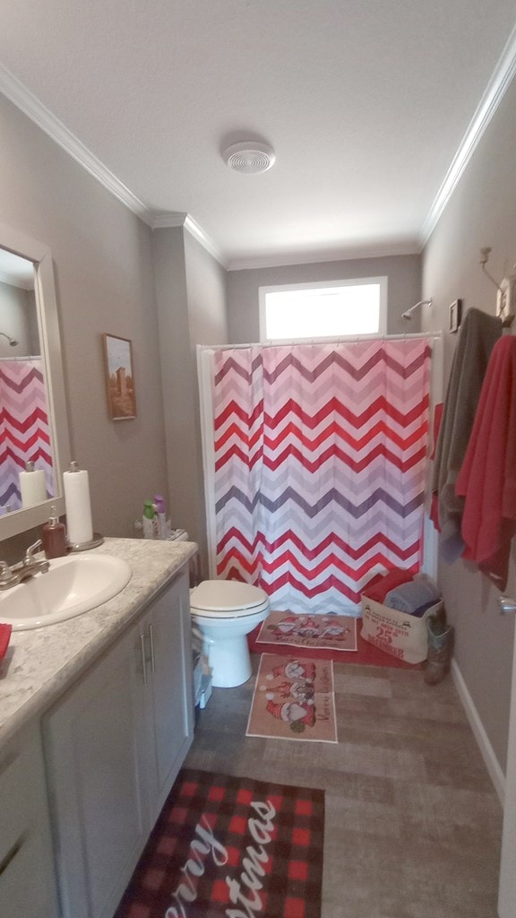 bathroom with curtained shower, toilet, vanity, and ornamental molding