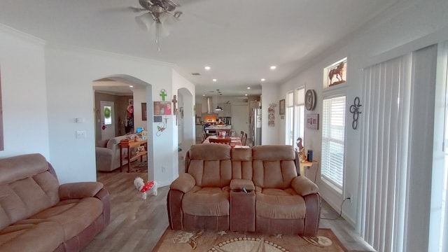 living room with ceiling fan, light hardwood / wood-style flooring, and ornamental molding