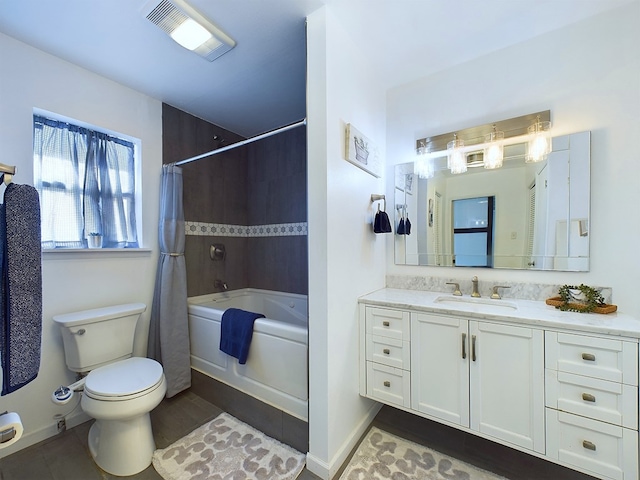 full bathroom featuring toilet, shower / tub combo, and vanity