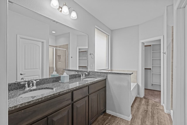 bathroom with a spacious closet, wood finished floors, a sink, and a shower stall