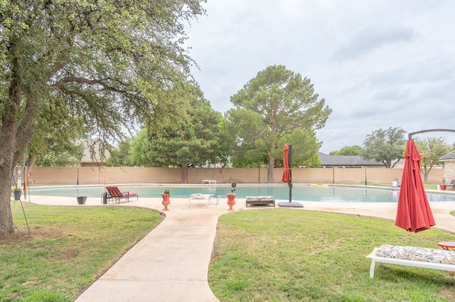 view of swimming pool with a yard