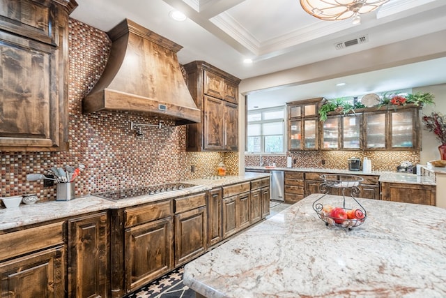 kitchen with black electric stovetop, backsplash, ornamental molding, custom exhaust hood, and dishwasher