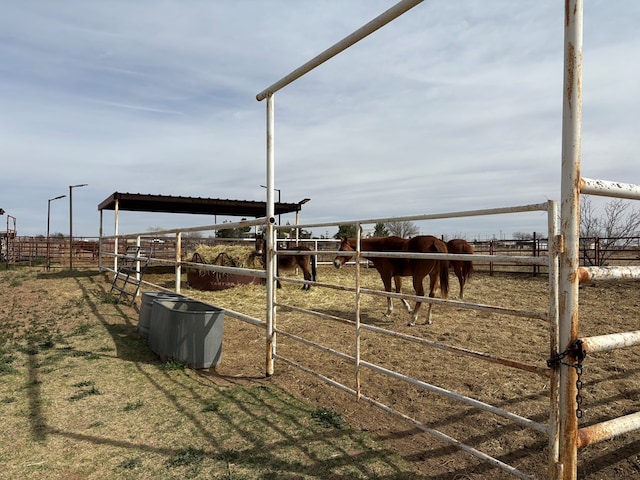 view of stable with a rural view