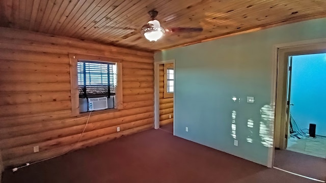 empty room featuring cooling unit, wooden ceiling, and log walls