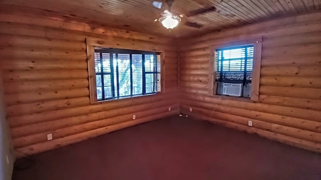 spare room featuring rustic walls, ceiling fan, cooling unit, and wood ceiling