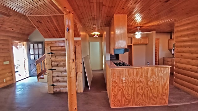 kitchen with kitchen peninsula, vaulted ceiling, ceiling fan, log walls, and wooden ceiling