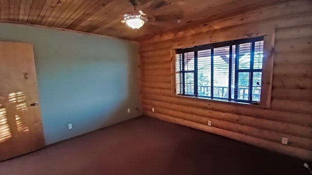 spare room featuring log walls and wooden ceiling