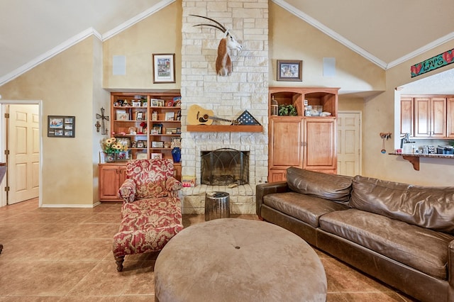 living room featuring high vaulted ceiling, a stone fireplace, light tile patterned flooring, baseboards, and crown molding