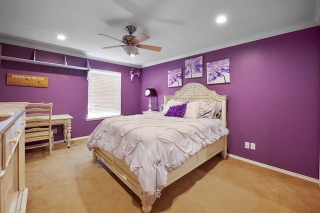 bedroom featuring recessed lighting, baseboards, ornamental molding, and light colored carpet