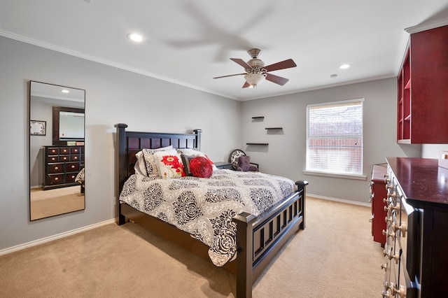 bedroom with recessed lighting, baseboards, crown molding, and light colored carpet