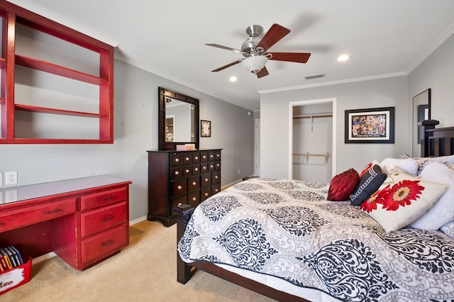 bedroom with recessed lighting, visible vents, crown molding, and light colored carpet