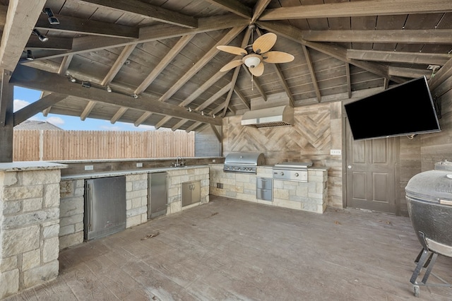 view of patio / terrace with ceiling fan, fence, grilling area, and area for grilling