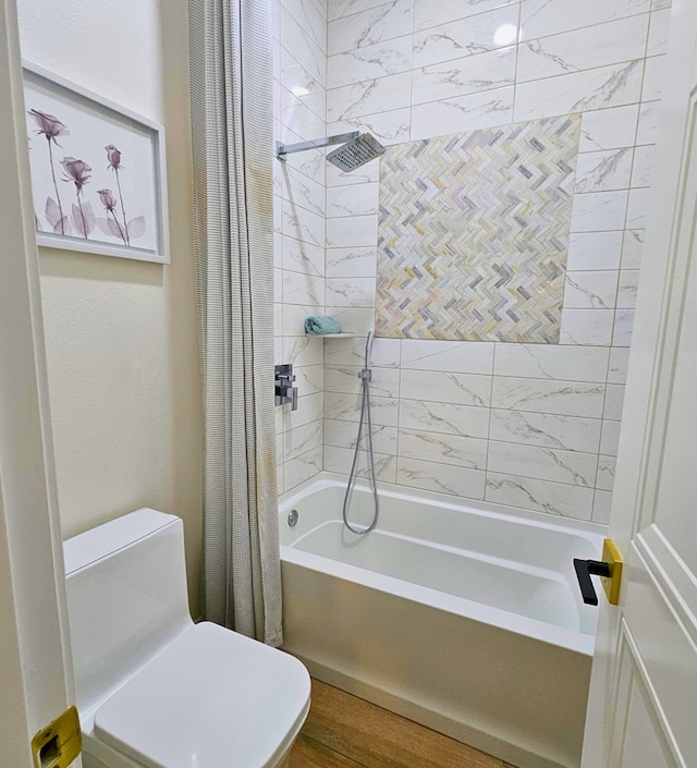 full bathroom with toilet and shower / tub combo with curtain