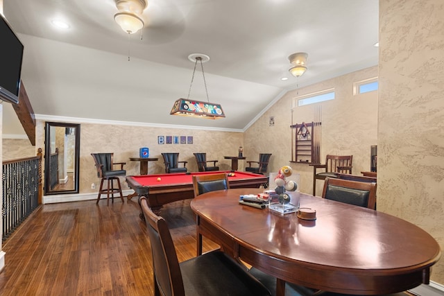 game room featuring ceiling fan, dark wood-type flooring, ornamental molding, lofted ceiling, and pool table