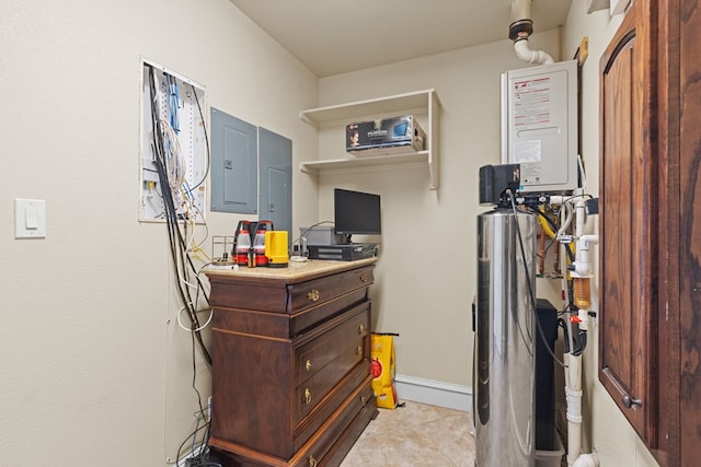 interior space with electric panel and dark brown cabinets