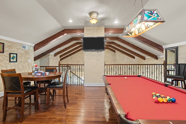 game room featuring vaulted ceiling with beams, dark hardwood / wood-style floors, ornamental molding, and billiards